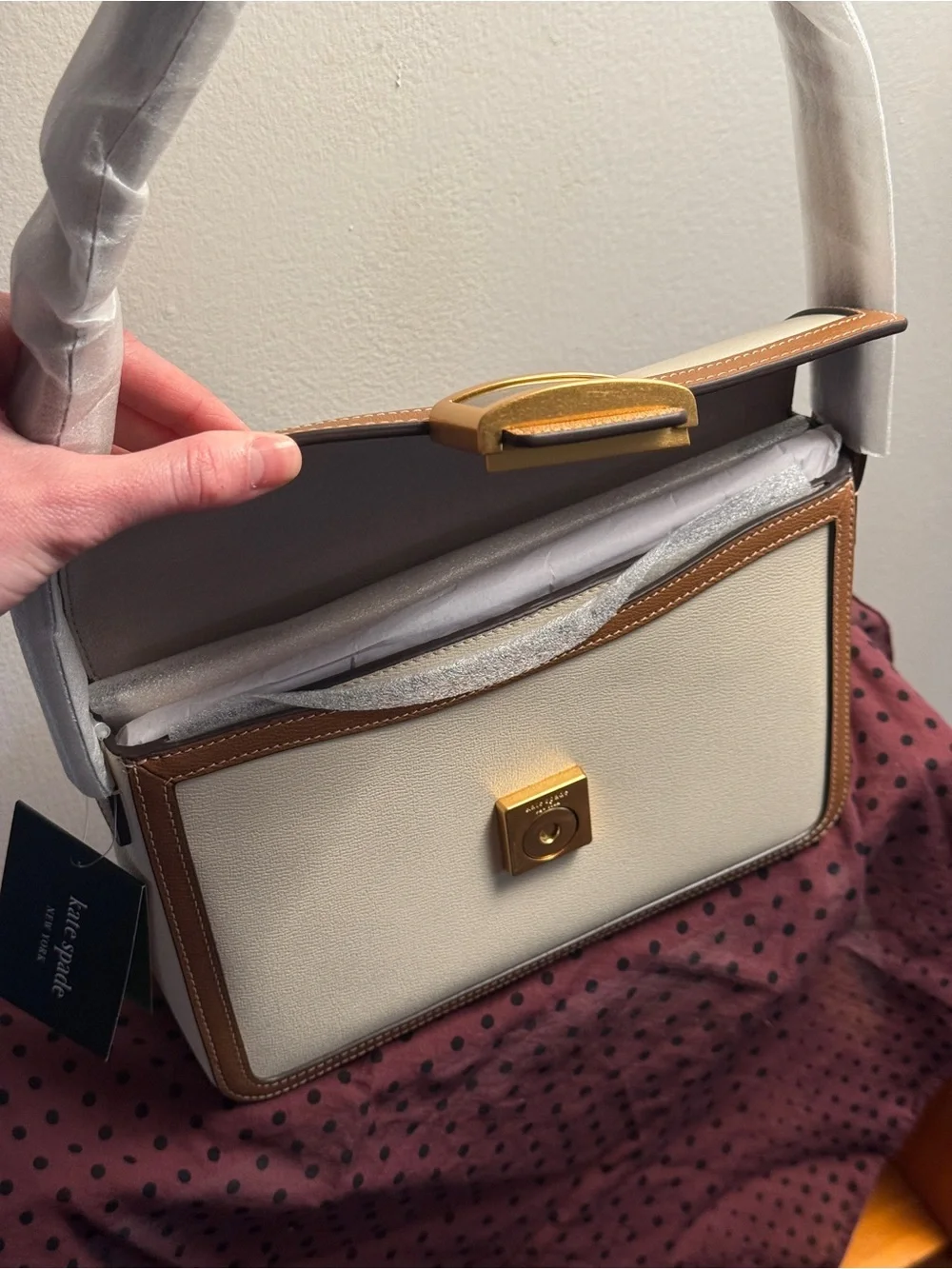 kate spade Cream and Brown Leather Color Block Medium Shoulder Bag